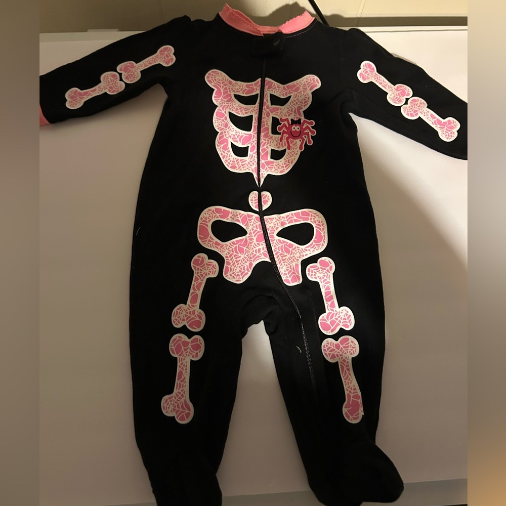 Super Cute Halloween Black Skeleton Onesie with Pink Bones & Spider